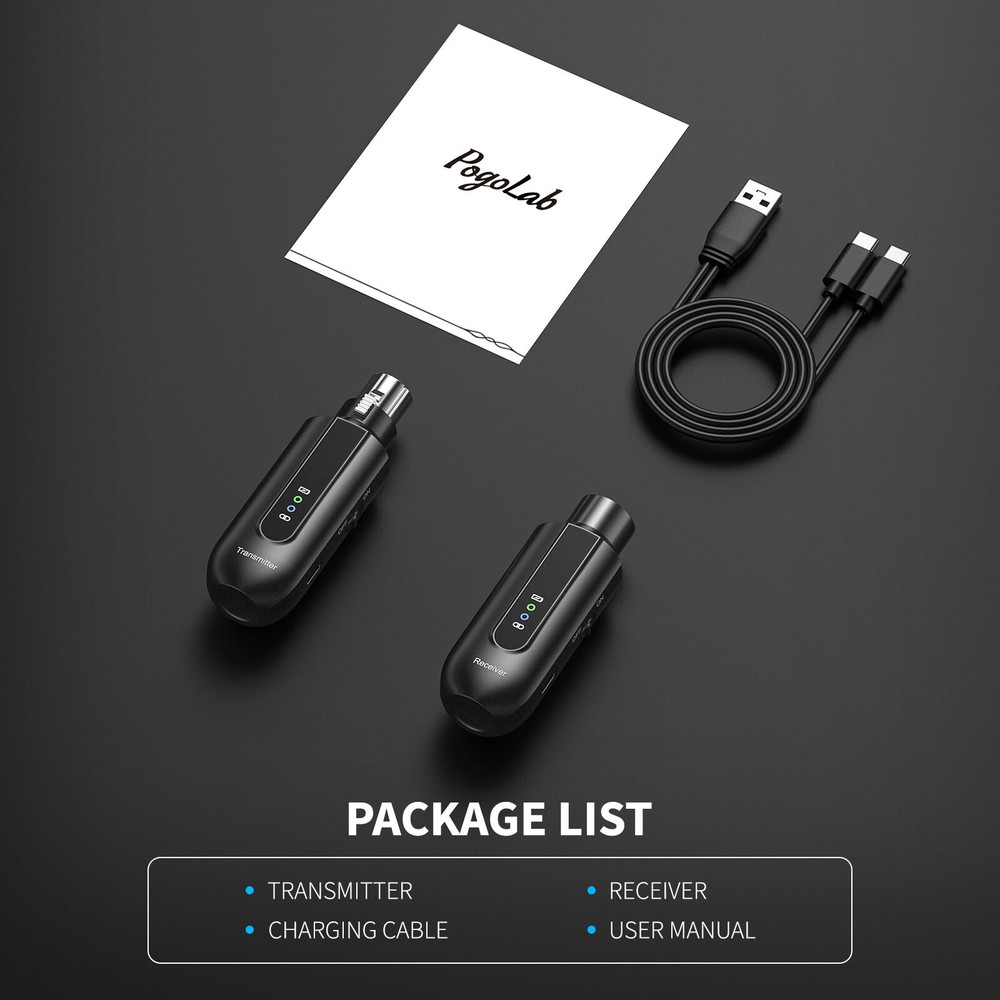 POGOLAB Wireless Microphone Transmitter Receiver System Plug On XLR Charging Box