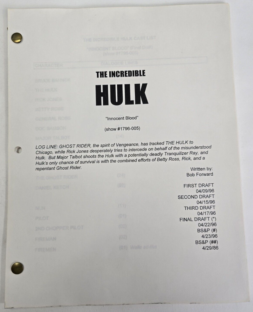 THE INCREDIBLE HULK / Bob Forward 1996 TV Script, Mark Hamill "Innocent Blood"
