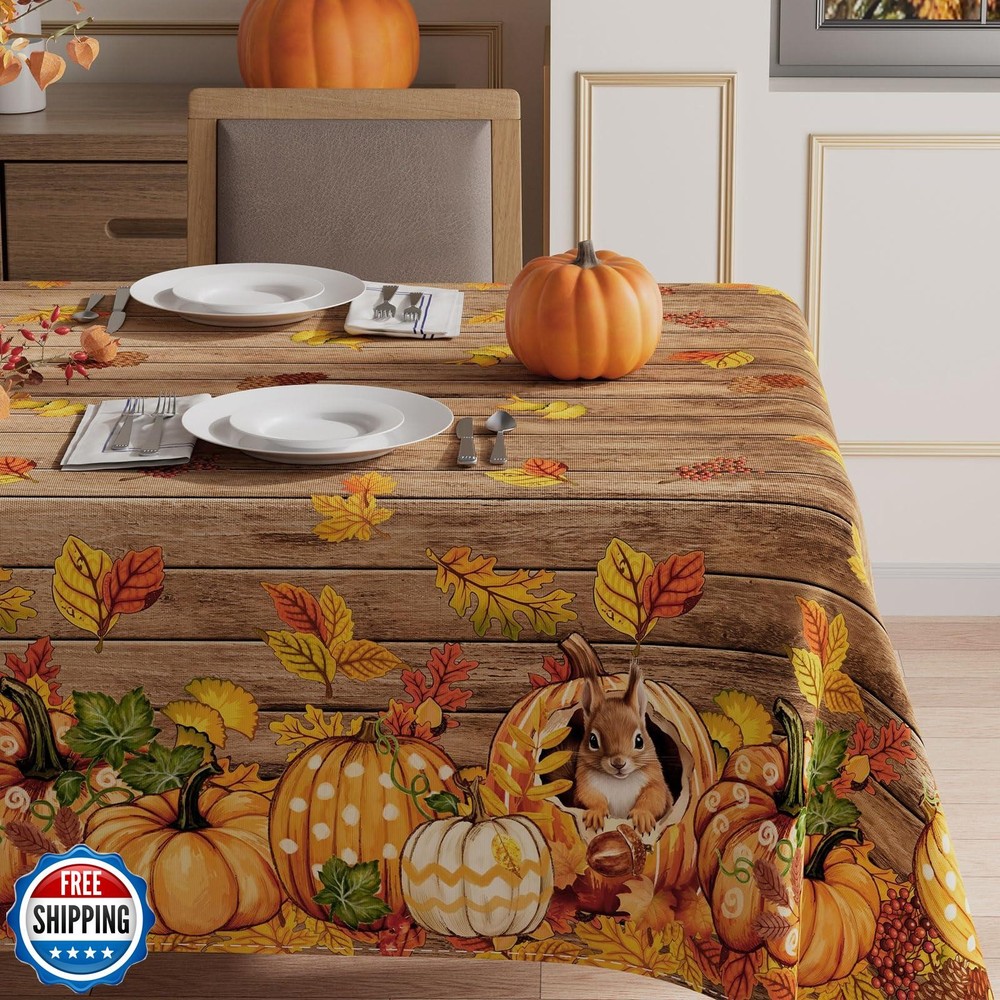 XCHI Fall Squirrel Pumpkin Maple Leaves Wood Tablecloth Square Washable Table
