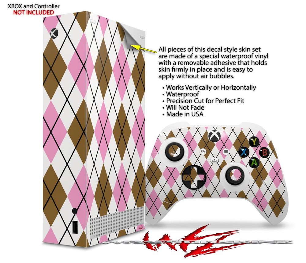 Skin Wrap for XBOX Series S Console Controller Argyle Pink and Brown