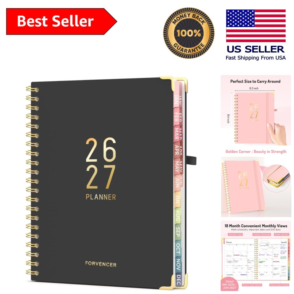 2026-2027 Black Calendar Planner - Spacious Layout for Students & Professionals