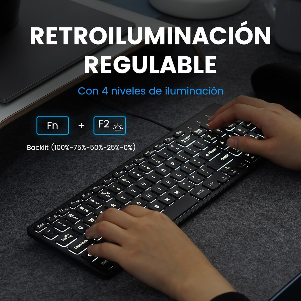 Perixx PERIBOARD-333 Teclado Compacto USB retroiluminado con Cable - Teclas de t