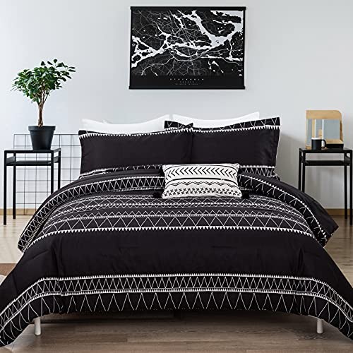 Comforter Set Reversible Boho Triangle Striped Down Alternative Queen Black