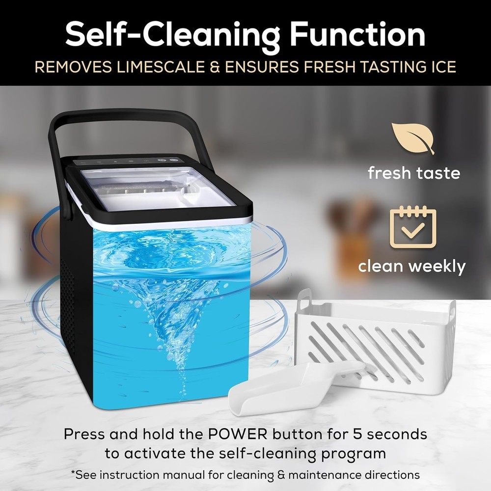 Self-Cleaning Portable Ice Maker 26lb Capacity with Handle Black