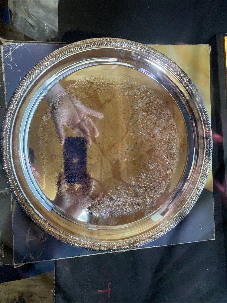 Silver-Plated Round Tray with Engraved Design 12 Inch Diameter ELEGANCE WITH BOX