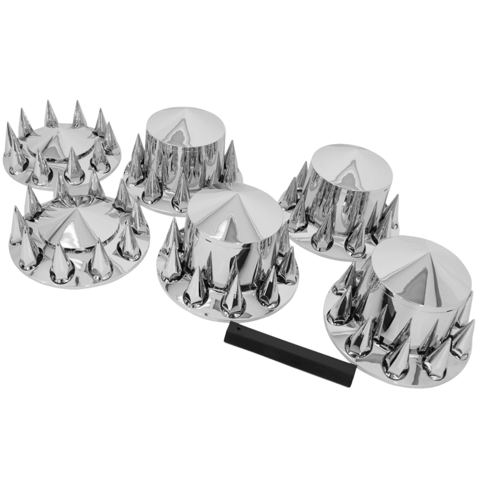 Chrome Hub Cover Kit 33mm Front & Rear Semi Truck Wheel Axle Covers Spiked