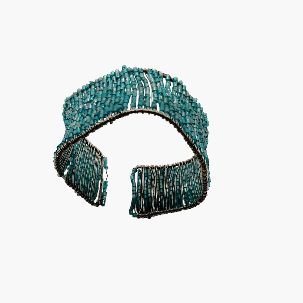 Beaded Cuff Bracelet Handcrafted Wire Wrapped Turquoise Adjustable Open Boho