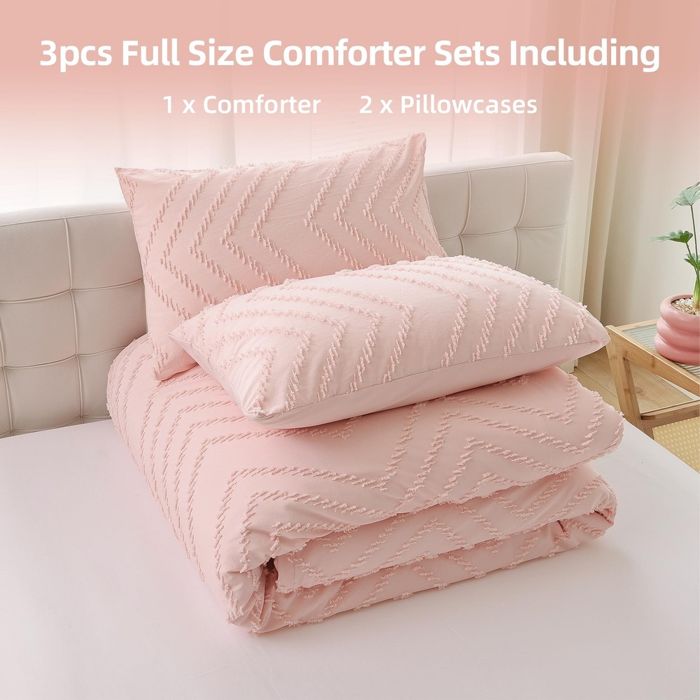 Pink Full Comforter Set 3Pcs, Boho Blush Full Size Bedding Set, Vertical Tuft...