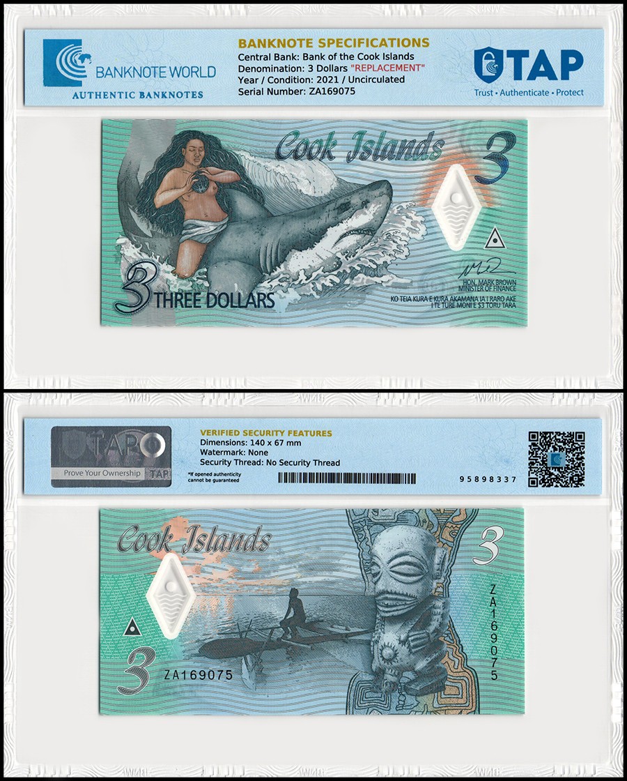 Cook Islands 3 Dollars, 2021 ND, P-11, UNC Polymer, Replacement Authenticated