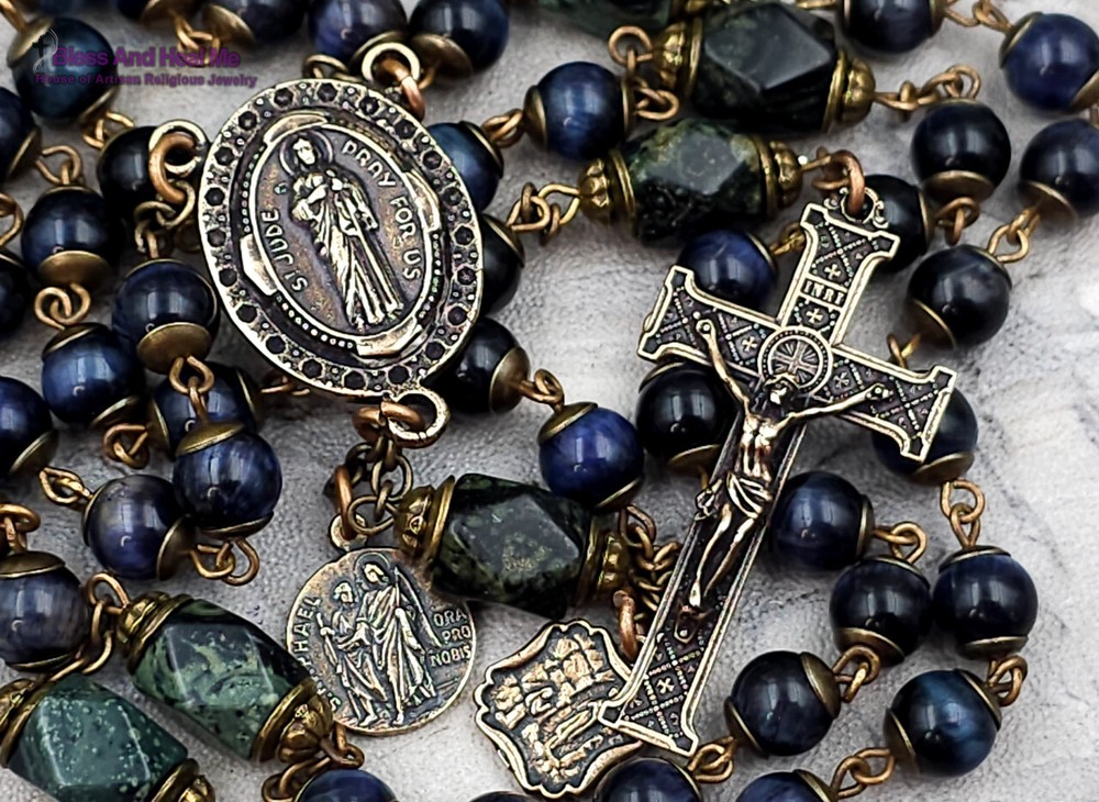 St Jude Raphael Lourdes Blue Tiger Eye Vintage Bronze Rosary