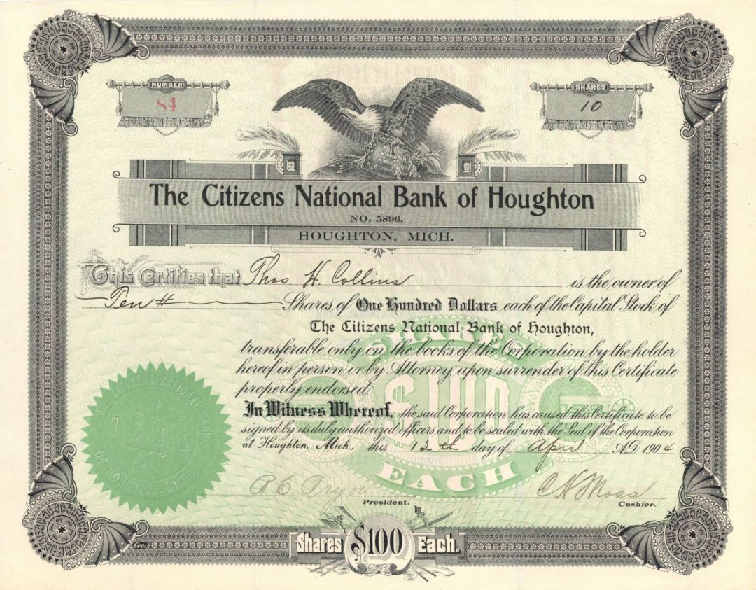 Citizens National Bank of Houghton - 1904 or 1910 dated Stock Certificate - Bank