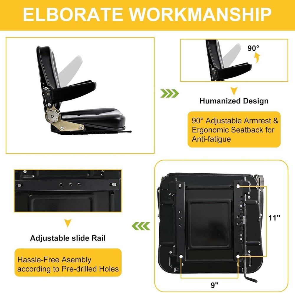 Ergonomic Universal Forklift Seat Adjustable Backrest&Armrest Heavy Machinery
