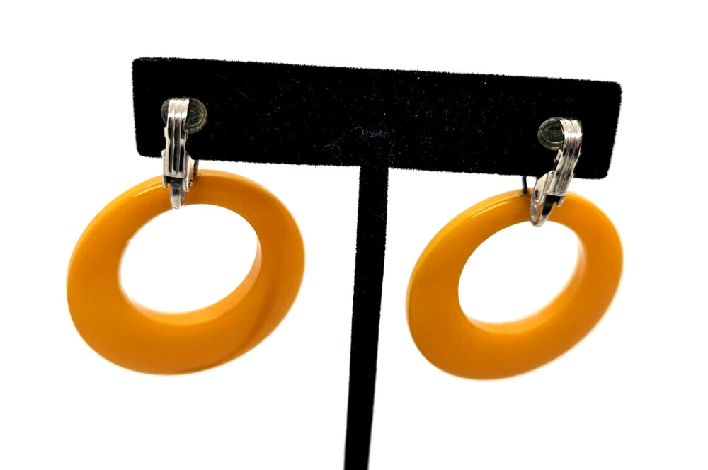 Excellent Butterscotch Bakelite Clip-On & Dangle Front Facing Hoop Earrings