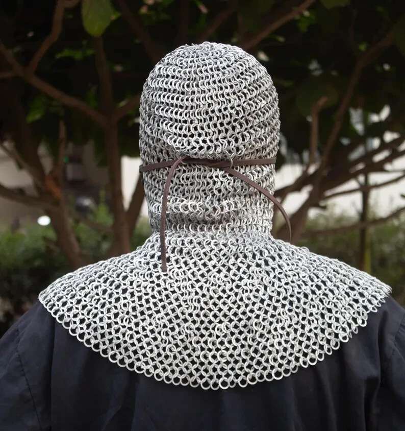 Chainmail Coif With Mask Leather Attached 10MM Flat Ring Riveted With Washer