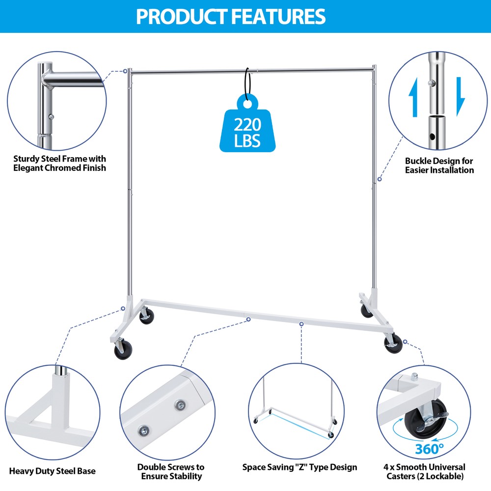 2PCS Compact Garment Rack Rolling Z-Base Storage Garment Hanging Clothes Shelf