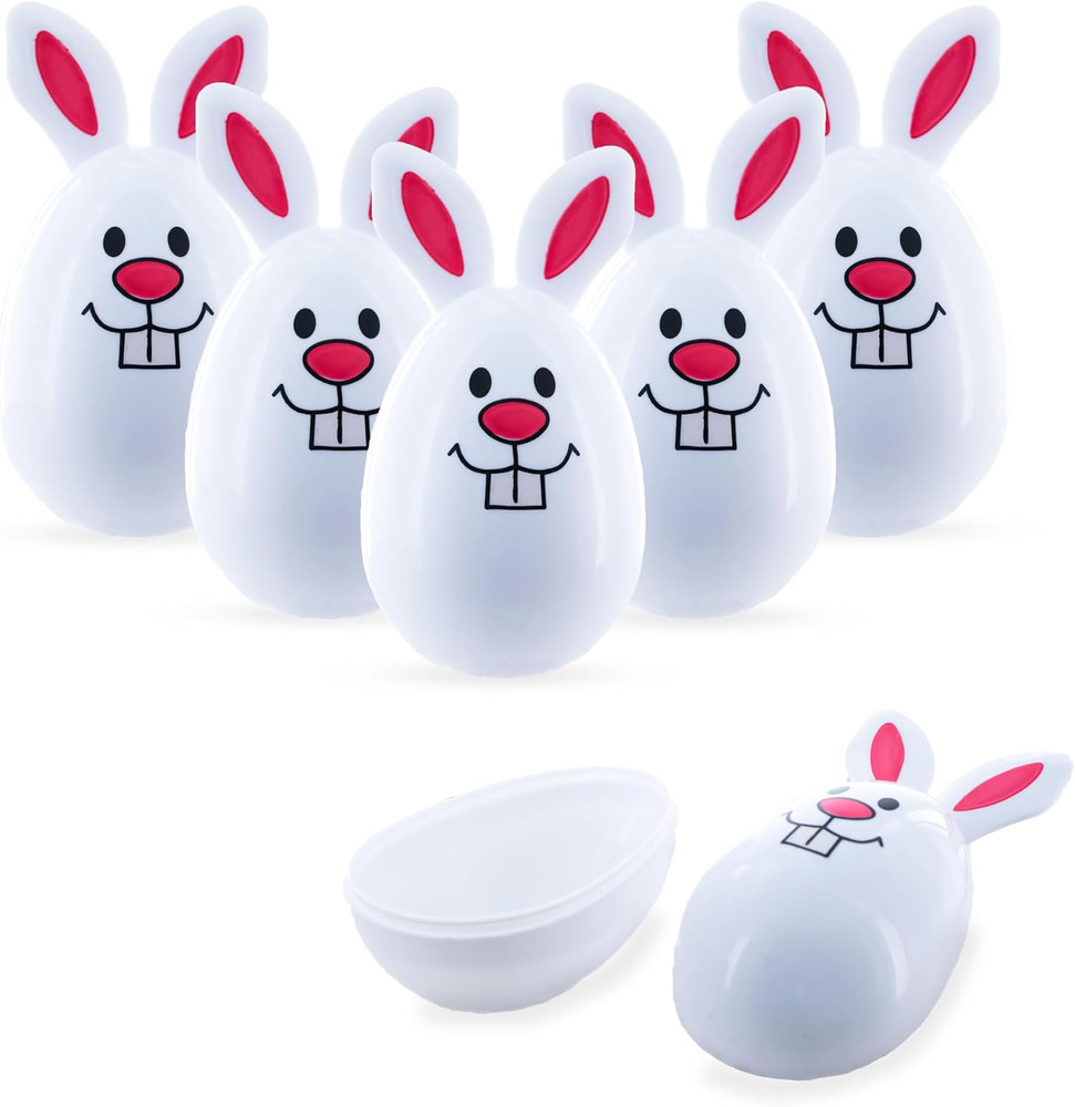 Set of 6 White Bunnies Plastic Easter Eggs