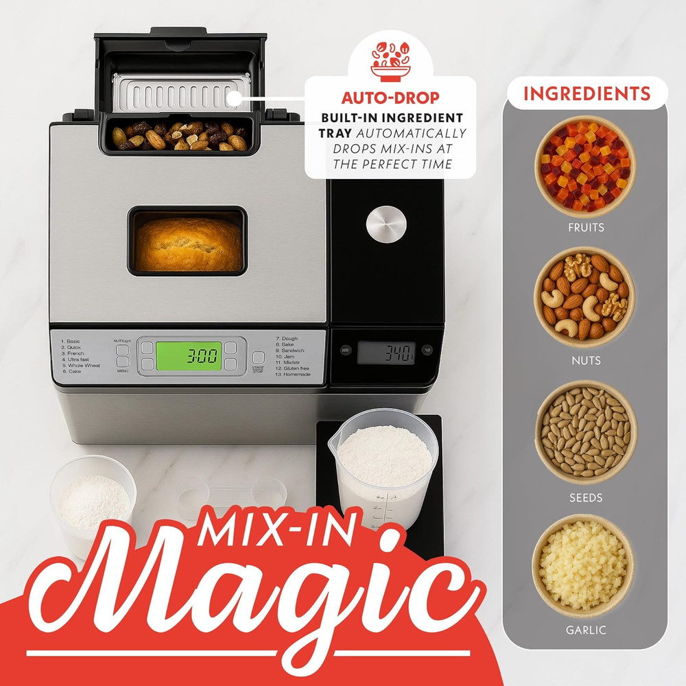 2 LB Bread Maker with 13 Settings, Jam Mode & Auto Dispenser for Fresh Bread