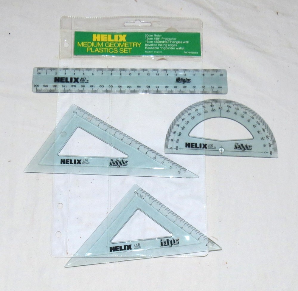 Helix Heliglas Medium Geometry Plastics Set: 4 Pieces: Ruler, Compass, Triangles