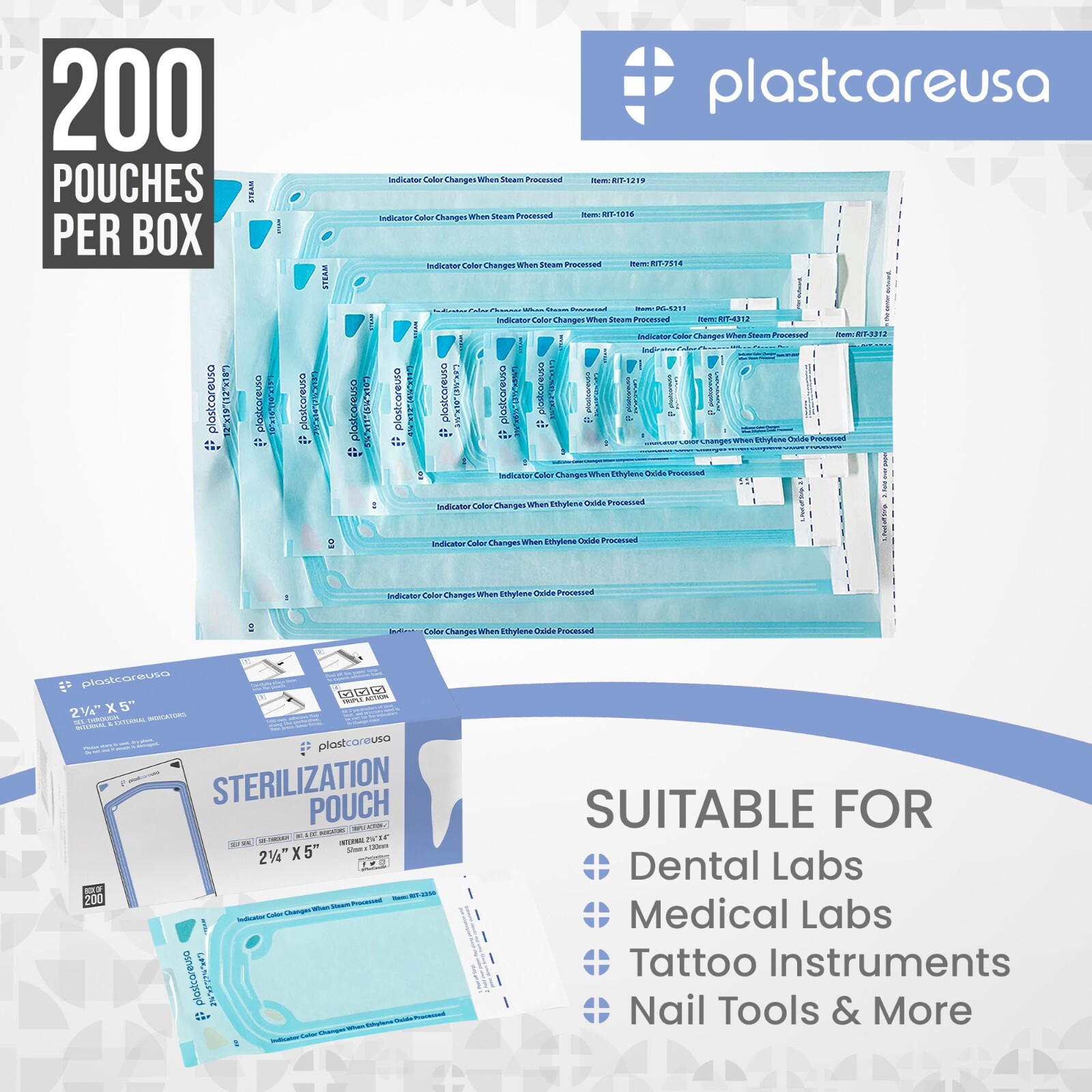 2.25" x 4" Self-Sealing Sterilization Pouches for Autoclave (1 Box of 200)