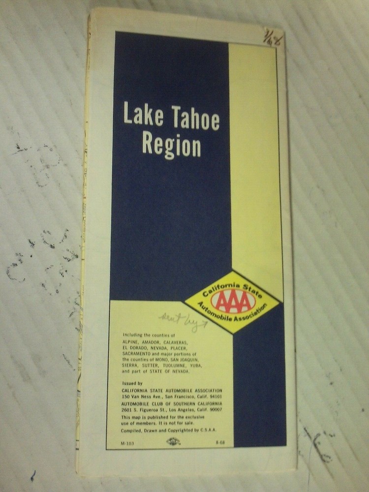 1968 Road Map .LAKE TAHOE REGION..AAA