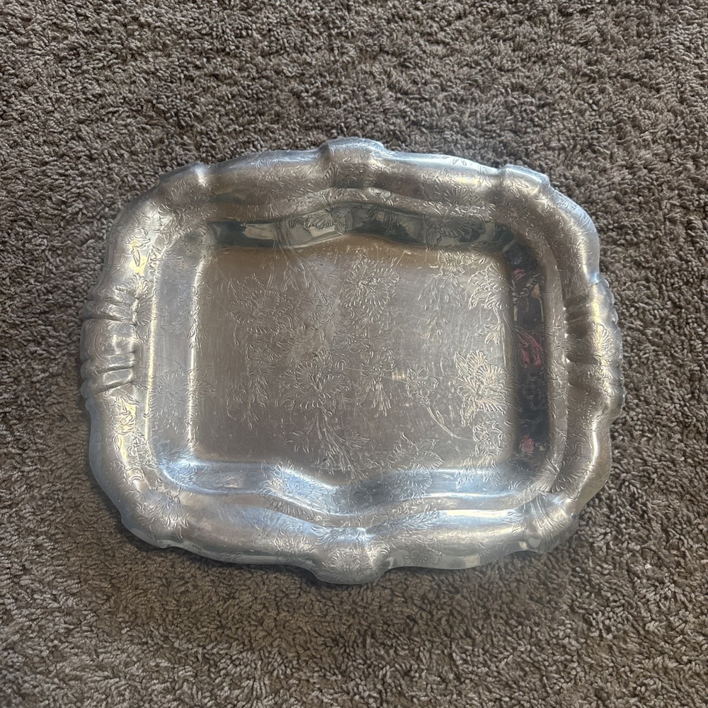 Silver Plate Rectangle Etched Serving Tray Footed with Handle 12"