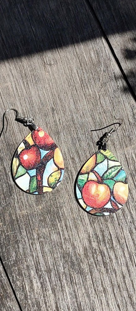 Fun Fall Apple Earrings, simple teardrop earrings with apple pattern, dangle