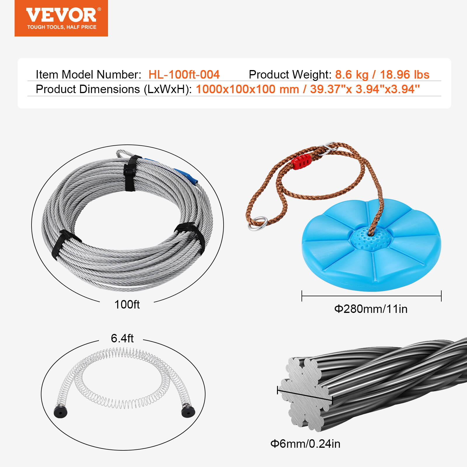 VEVOR 100 ft Zip Line Kit for Kids Adult Trolley Slackers Zipline Up to 500 lb