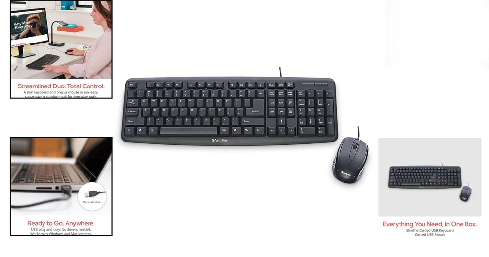 Comfortable Wired Keyboard with Adjustable Legs & Ambidextrous Mouse - Black