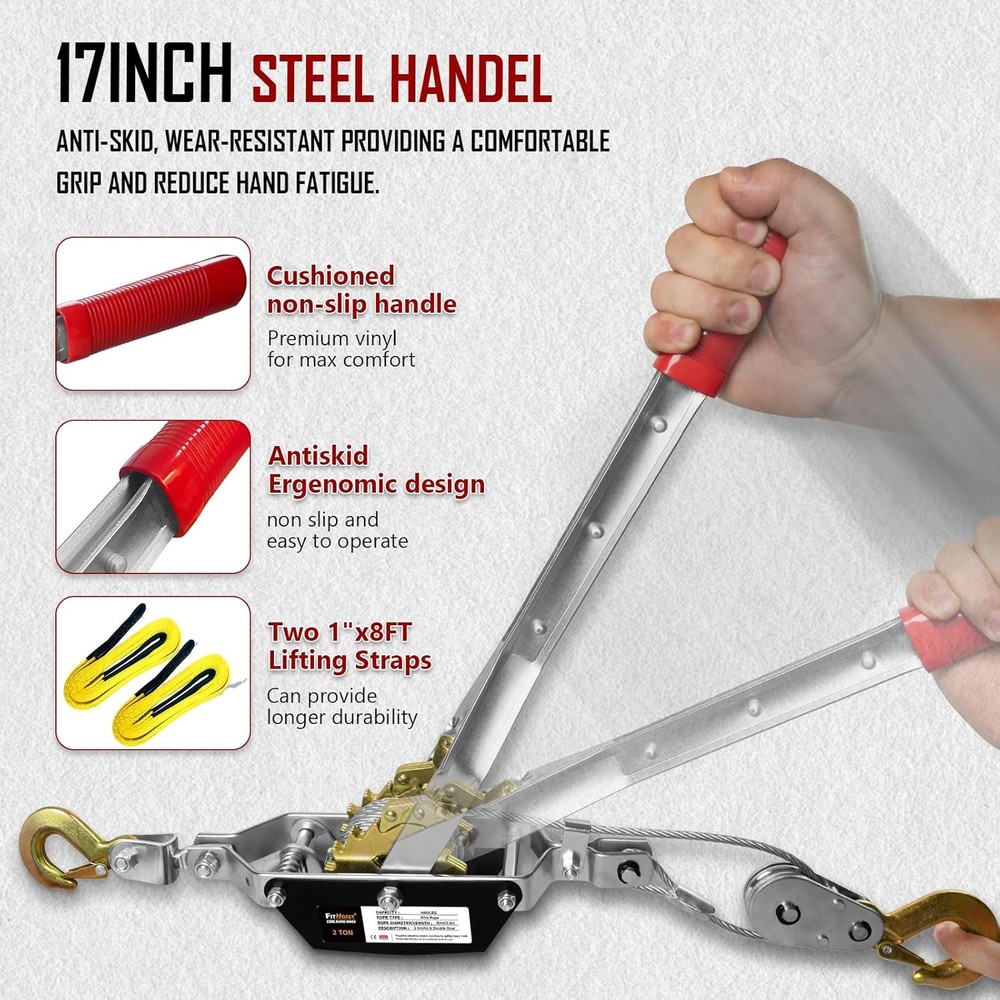 Come Along Winch 2T, Pulling Capacity 12 FT Steel Cable 2 Hooks, with Two 1"x8FT