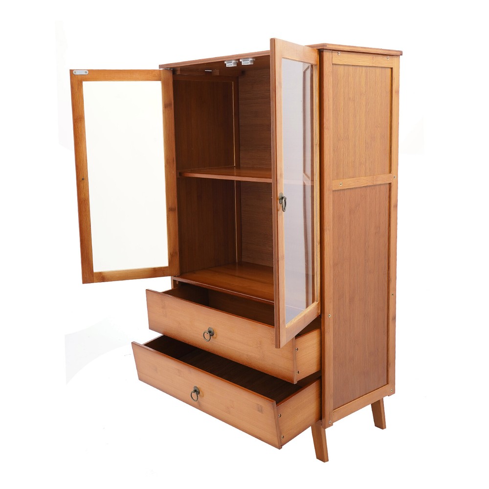 2-Compartments Bamboo Kitchen Sideboard Storage Organizer Cupboard Freestanding