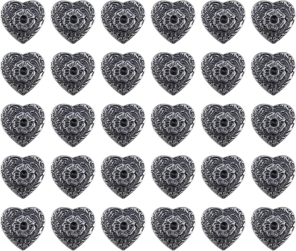 30PCS Antique Silver Heart Pattern Rivets for Leather, Metal Rivet Studs Garment