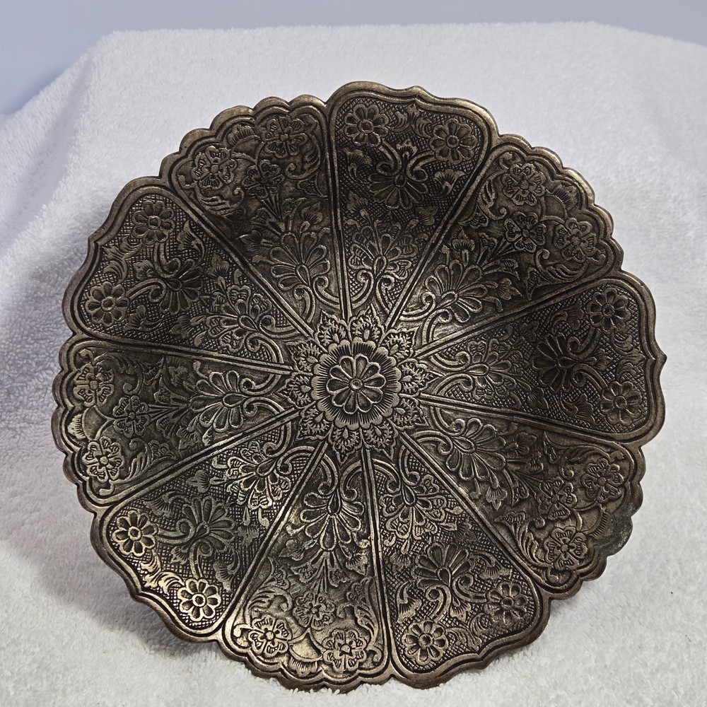 Ornate Solid Floral Footed Dish Bowl 8” Offering Plate Candy Dish Made In India