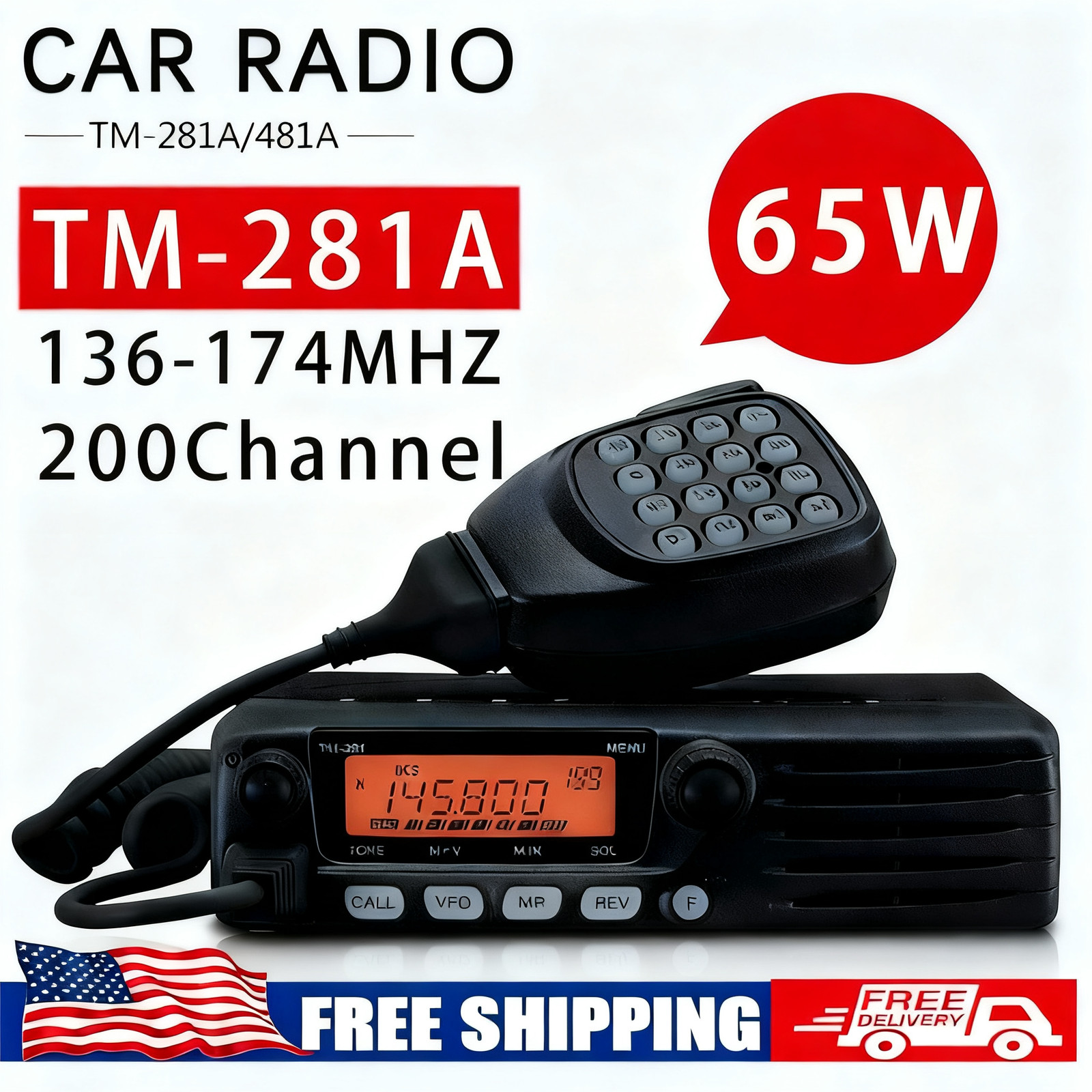 TM-281A FM Transceiver Mobile Radio Car Radio Station 136-174MHZ 10-50KM 65W New