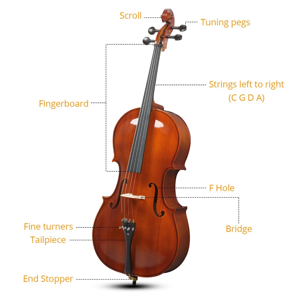 4/4 Natural Spruce Cello, Tiger Pattern, with Bag, Bow, Rosin, Bridge, Strings
