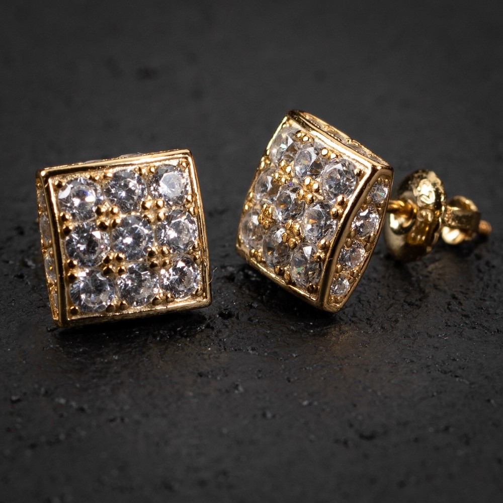 Gold Plated Men's Sterling Silver Square Iced Pointer Stud Screw Back Earrings