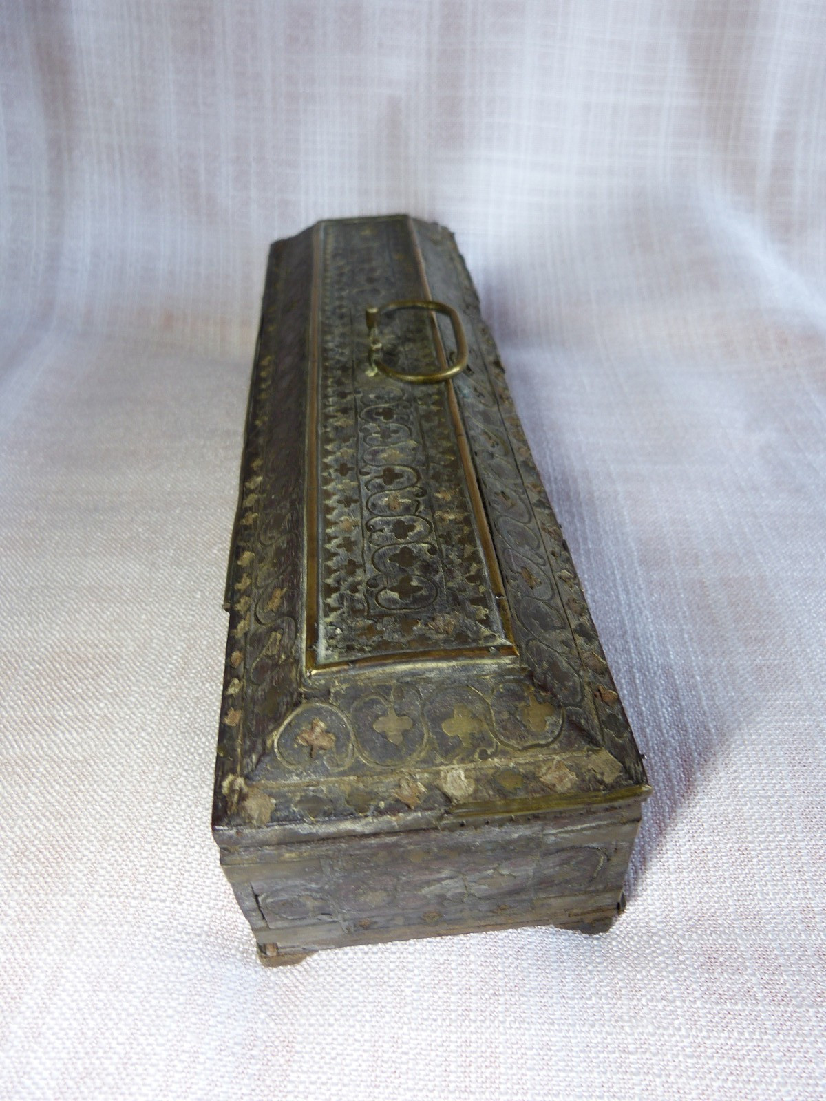 Antique 19th Century 19th Century Brass Inlay Wooden Glove Box Set