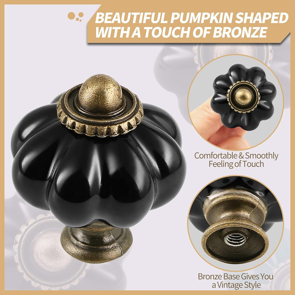 Black Pumpkin Knobs 6 Pack Ceramic Cabinet Knobs Vintage Drawer Pulls - Antique