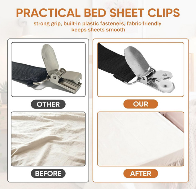 2PCS Adjustable Bed Sheet Holder Straps Elastic Fitted Sheet Grippers Black