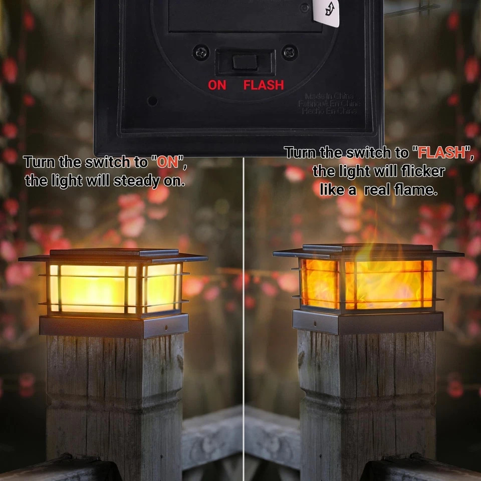 Dynaming 2 Pack Solar Post Cap Lights 2 Flickering Flame Lights, Black