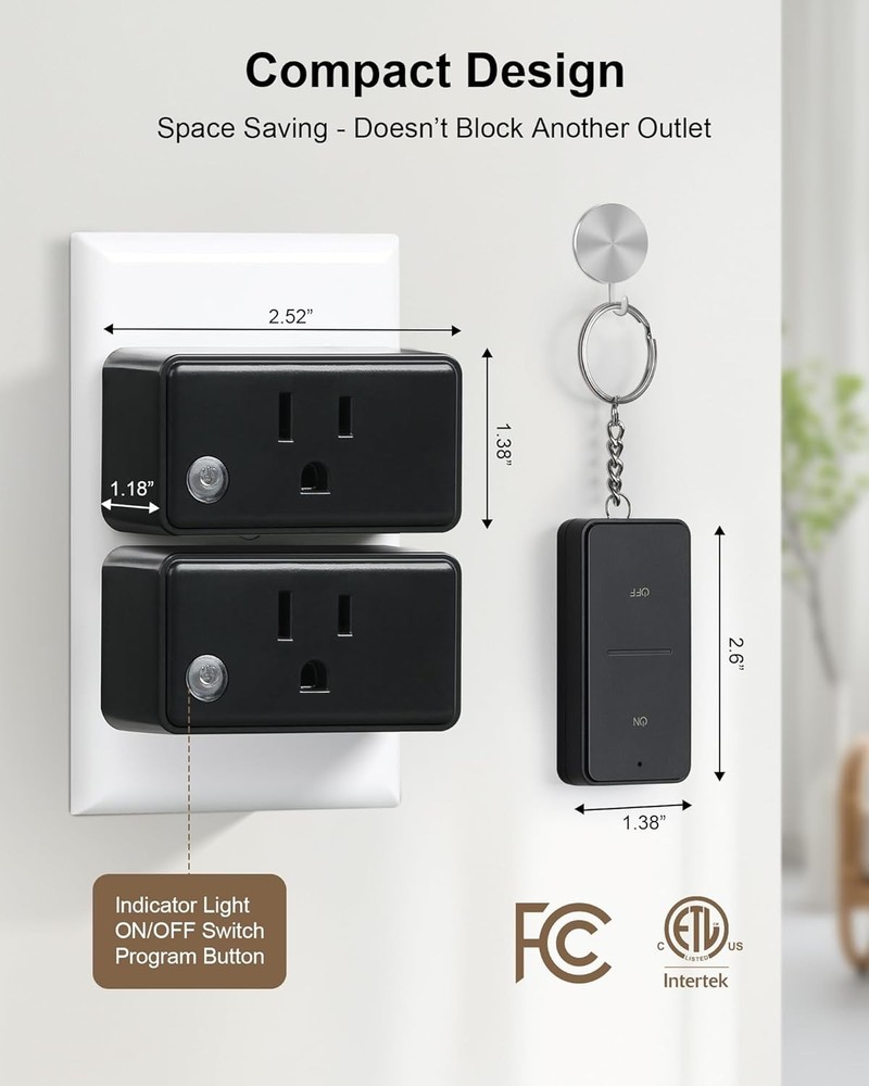 2 Pack Remote Control Outlet Plug, 15A Wireless Light Switch for Appliances