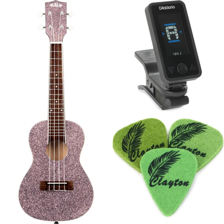 Kala Sparkle Concert Ukulele Essentials Bundle - Pink Champagne
