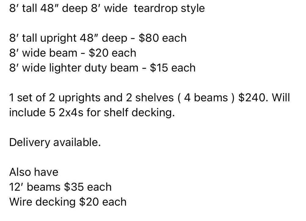 Pallet Racking 8’ Tall 42” Deep