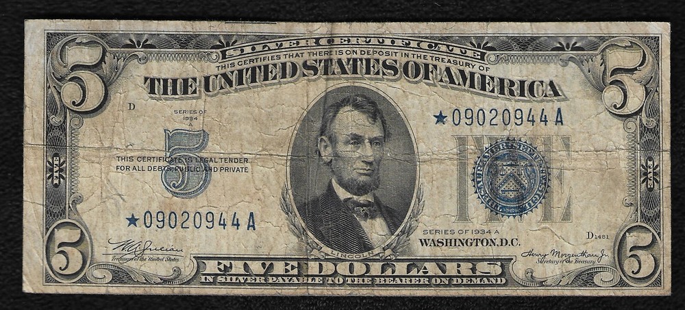 1934-A $5 *Star*Small Silver Certificate "VF"