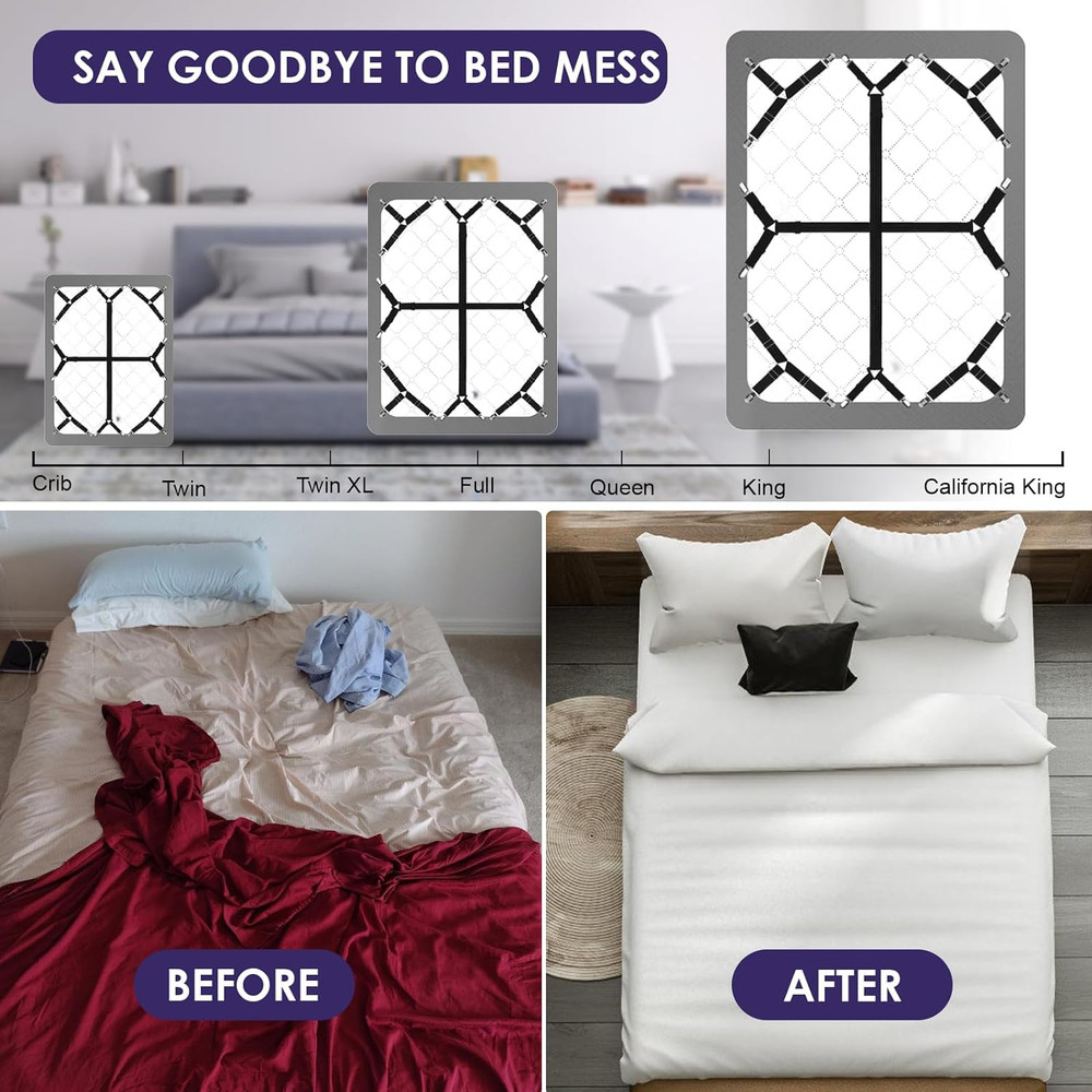 Bed Sheet Straps6PCS Secure and Fitted Sheet Straps for Full Size Bed，Adjusta...