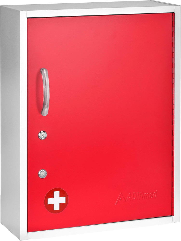 Secure Red Medication Cabinet with Lock & Document Pocket - Wall Mounted 21"x16"