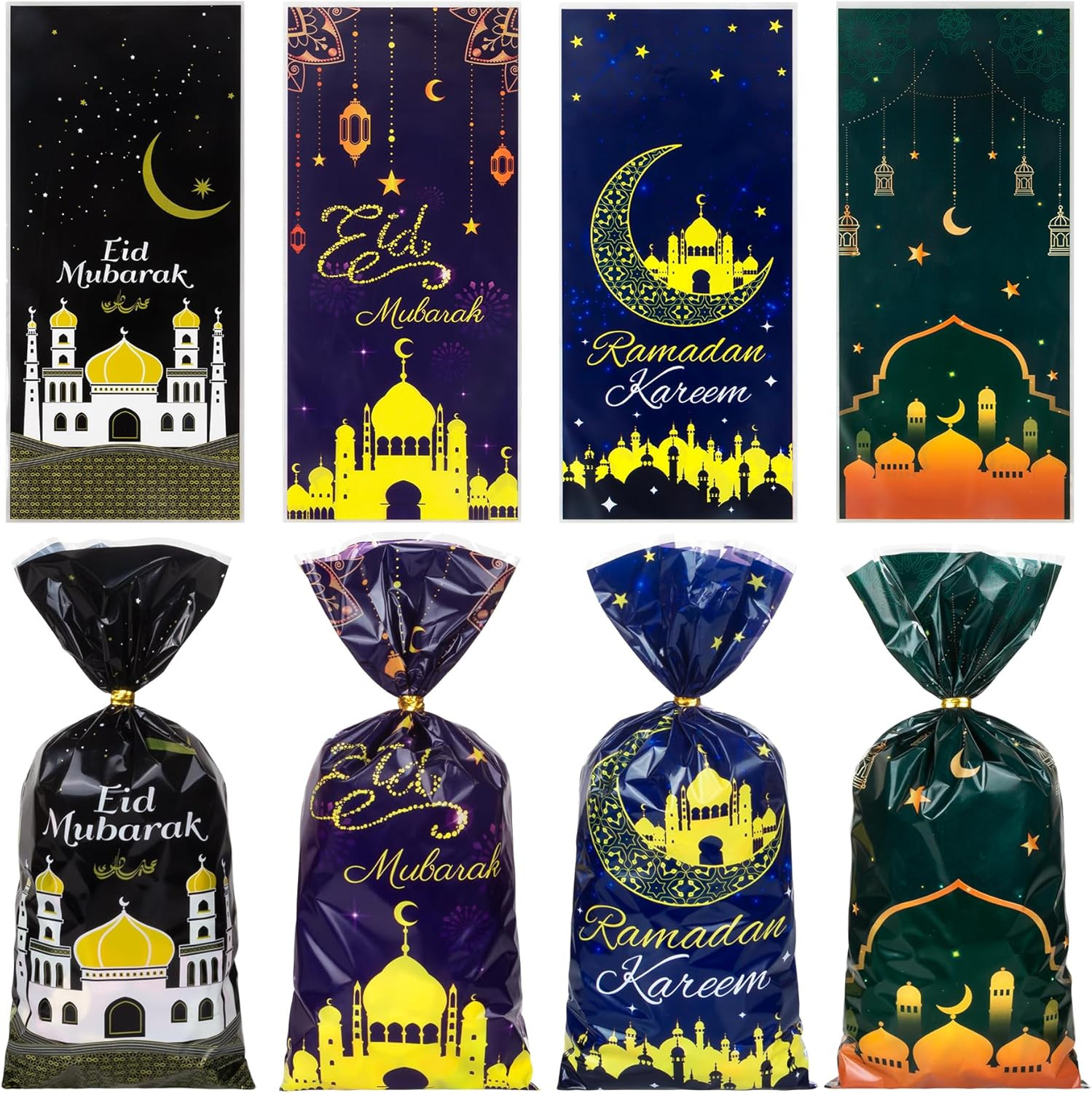 Eid Mubarak Cellophane Treat Bags, 100Pcs Ramadan Plastic Clear Goodie Bags with