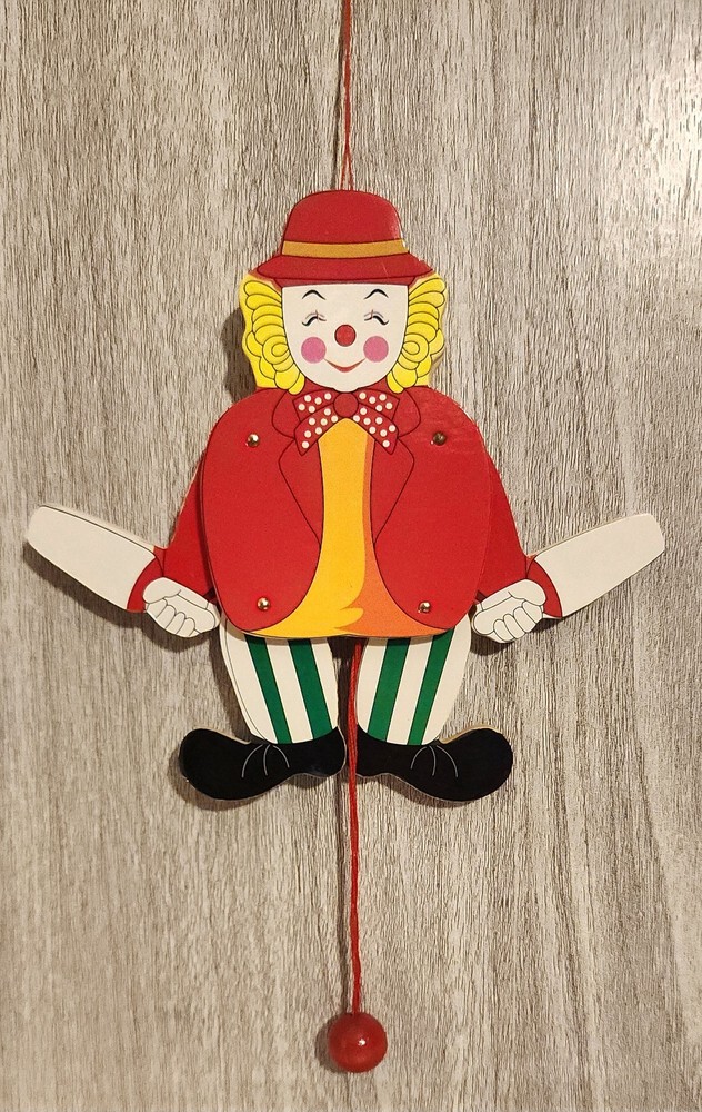 2 Vintage Pull String Jumping Jack Wooden Puppet Clowns Hand Painted