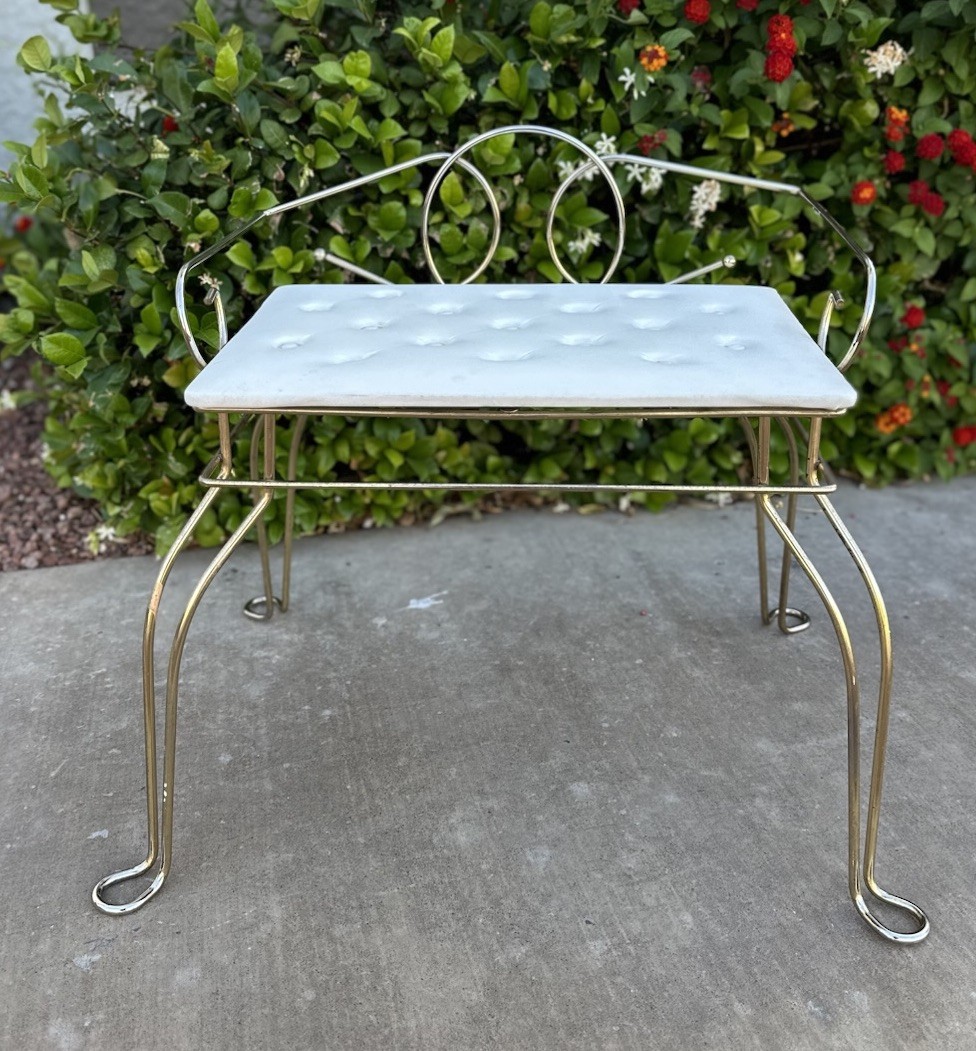 Vanity Bench White Tufted Seat Gold Metal Pearl Wick Vintage Stool
