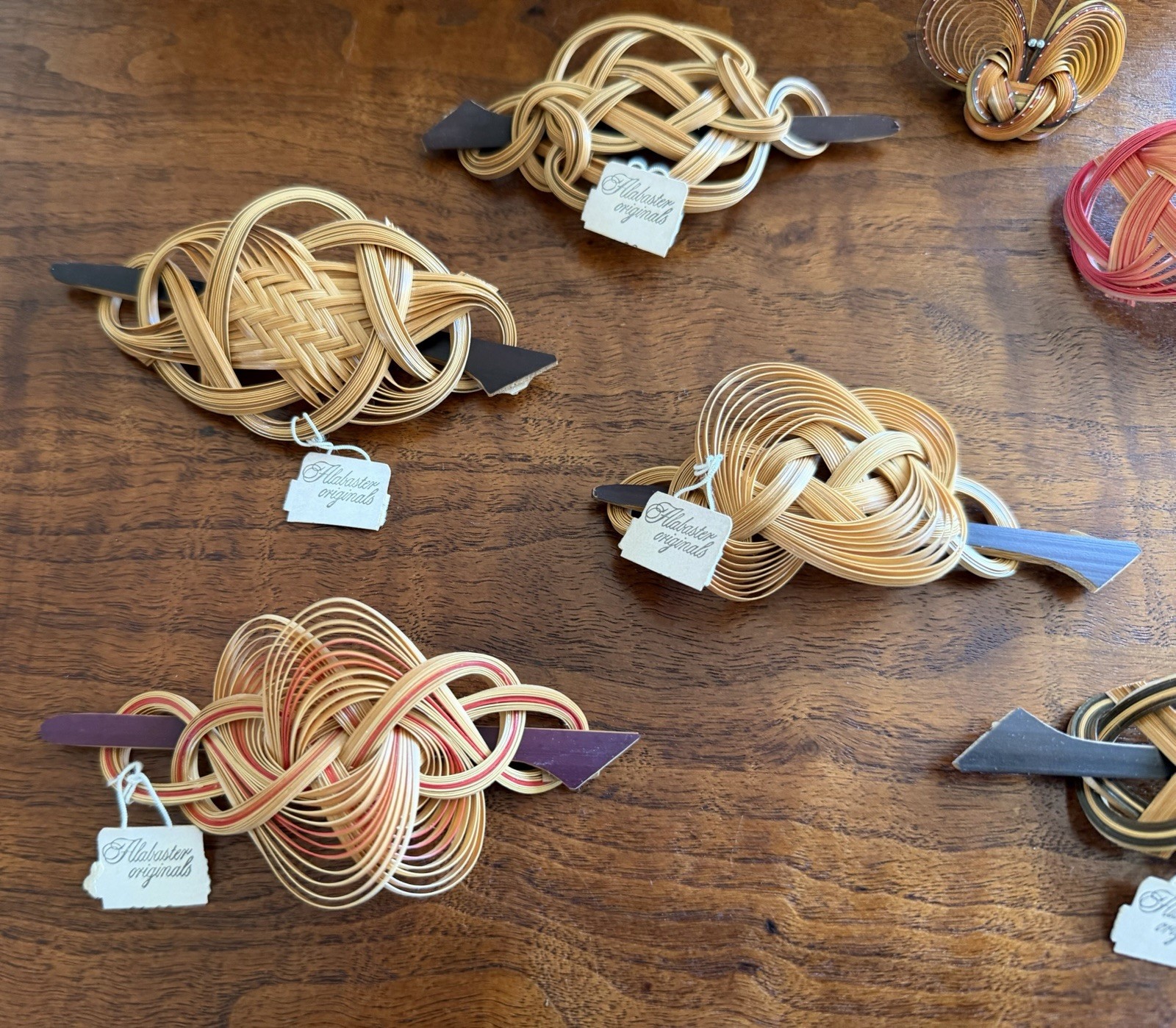 Vintage Lot of 7 Alabaster Originals Wood Bamboo Hair Berets Old Stock Japan