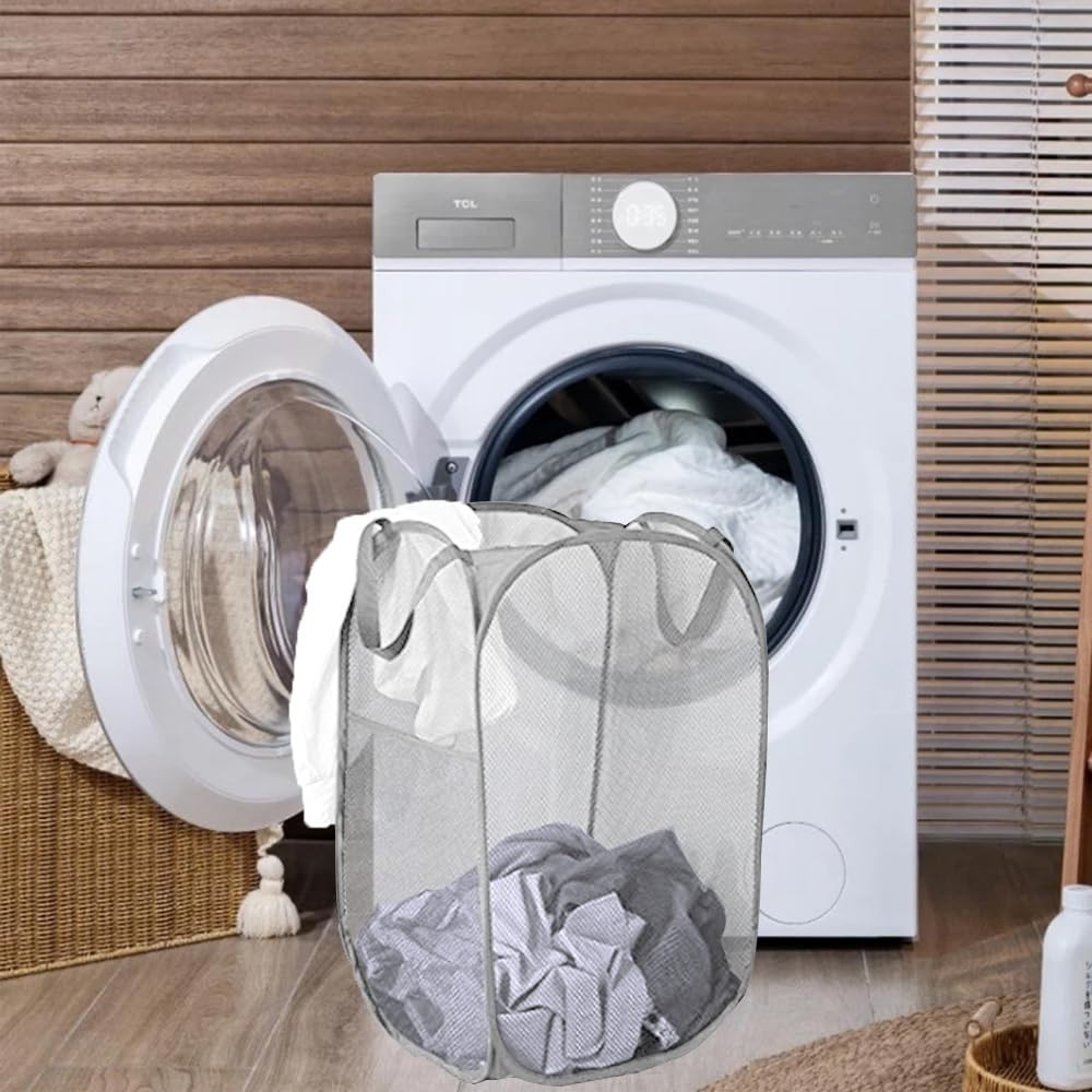 Pop Up Laundry Hampers 2 Pack Black Grey Collapsible Mesh Laundry Baskets
